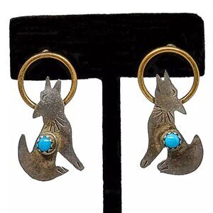 Vintage Sterling Silver Howling Coyotes with Brass Moon Earrings 925 Turquoise